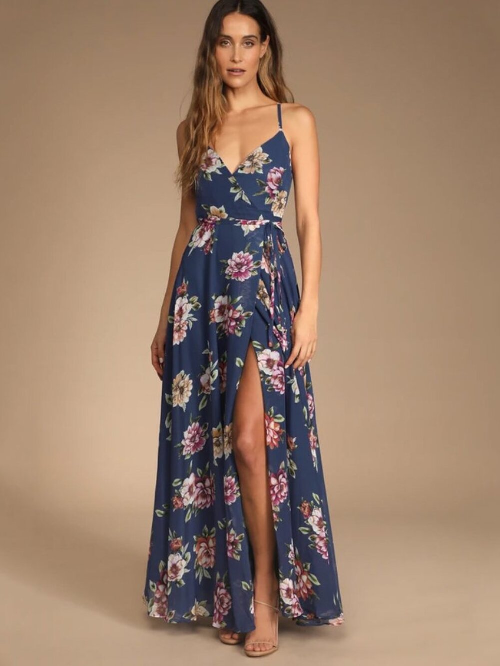 Lulus Always There For Me Navy Blue Floral Print Wrap Maxi Dress Size Small